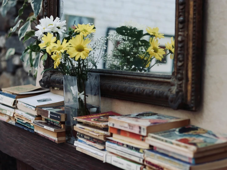a bunch of books sitting on top of a table next to a mirror, by Carey Morris, unsplash, romanticism, there's flowers everywhere, al fresco, wall to wall bookcases, with yellow flowers around it