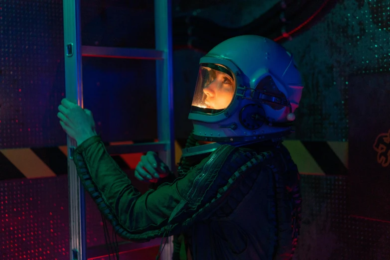 a close up of a person in a space suit, scifi room, immersive, tv show, an intruder