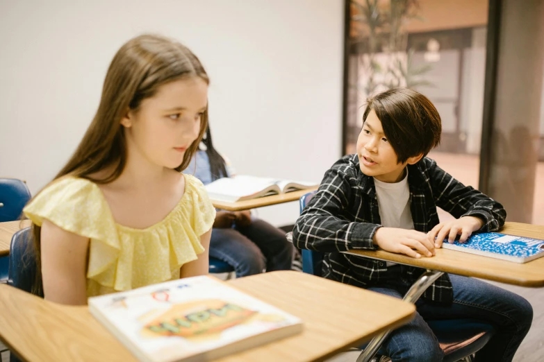 a couple of kids sitting at desks in a classroom, by Anna Findlay, trending on pexels, calmly conversing 8k, teenager girl, sideways glance, teaching