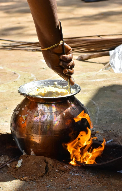 a person putting something in a pot on a fire, kali, in liquid, ready to eat, profile image