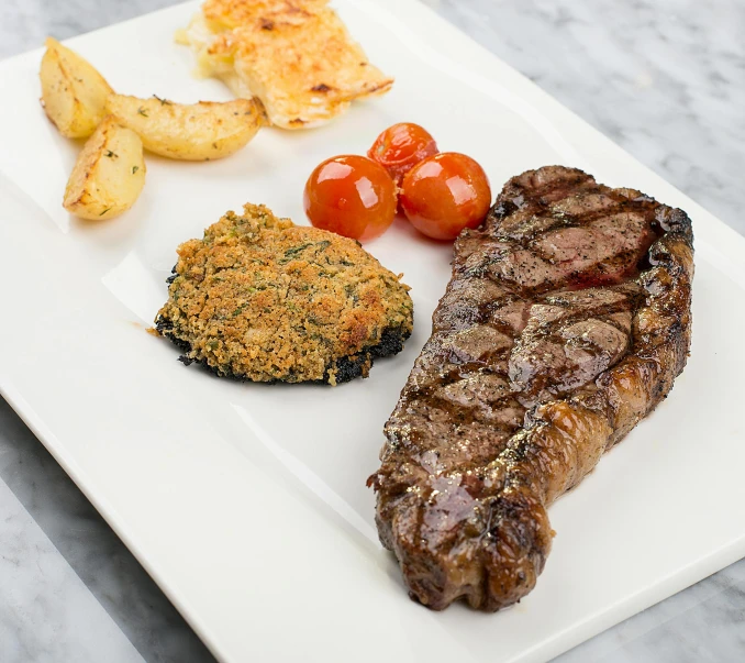 a close up of a plate of food on a table, steak, top down angle, dinosaur bone, greek ameera al taweel