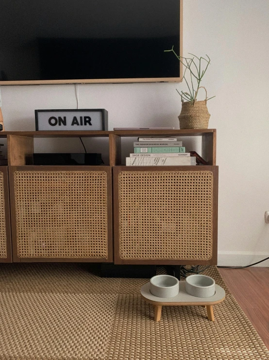 a flat screen tv sitting on top of a wooden entertainment center, by Adam Rex, wicker art, jakarta, medium close up, ikea