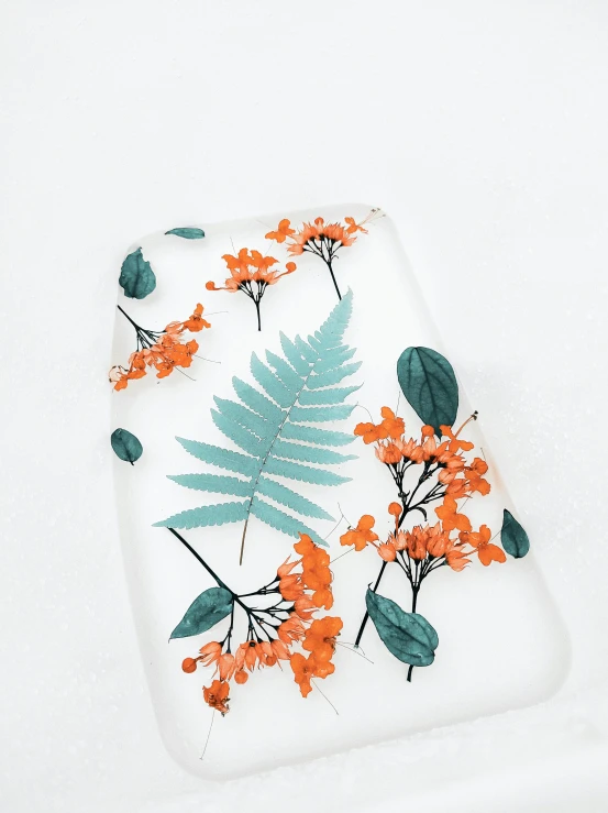 a close up of a phone case with flowers on it, orange plants, white bg, resin, fern