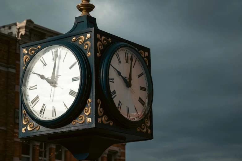 a clock on a pole in front of a building, by Joseph Severn, unsplash, arts and crafts movement, square, evening lighting, day time, foreboding