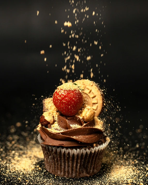 a cupcake with chocolate frosting and a strawberry on top, by Bernardino Mei, shutterstock contest winner, renaissance, exploding into dust, gold sparks, silver nitrate photography, thumbnail