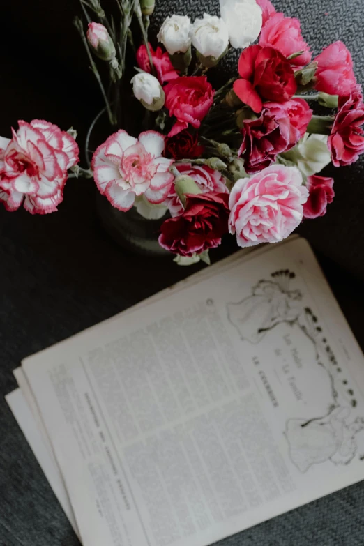 a cup of coffee sitting on top of a table next to a book, a few roses, early 1900s newspaper, red and magenta flowers, playbill of prima ballerina