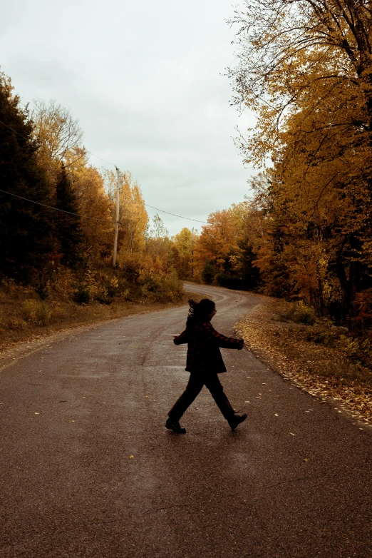 a person walking down a road in the middle of a forest, quebec, dancing, autumnal, an abandoned