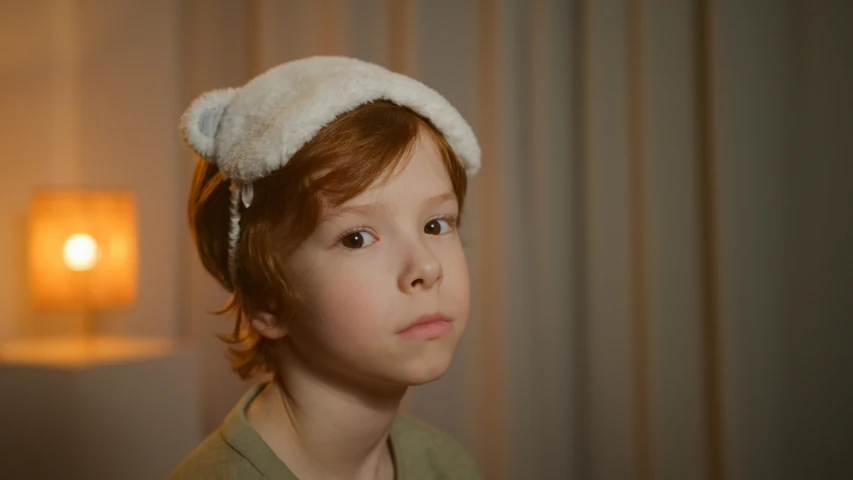 a close up of a child wearing a hat, ginger hair and fur, cinematic luts, wearing pajamas, soft lighting |