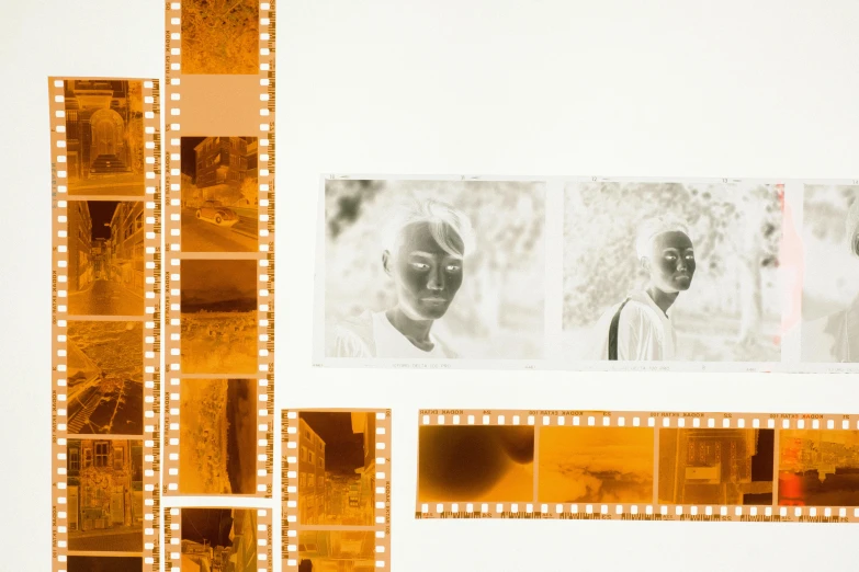 a couple of pictures that are on a wall, a polaroid photo, inspired by Raoul Ubac, orange tint, close-up portrait film still, panoramic anamorphic, bleached colours