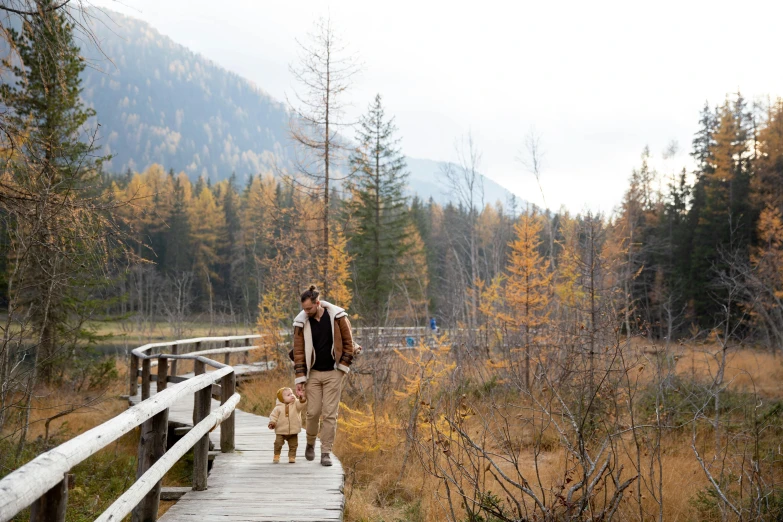 a man riding a horse across a wooden bridge, by Sebastian Spreng, pexels contest winner, with dogs, fall, father with child, whistler