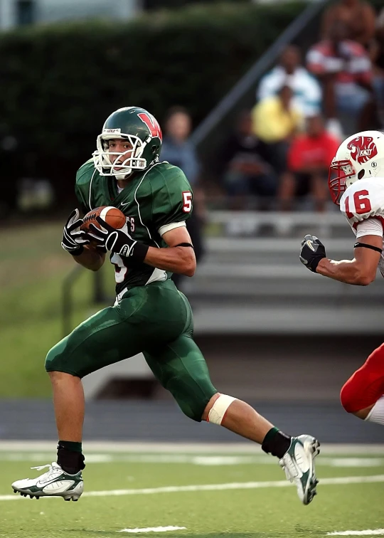 a football player running with the ball, by Ben Zoeller, 15081959 21121991 01012000 4k, green and red, focused shot, high school