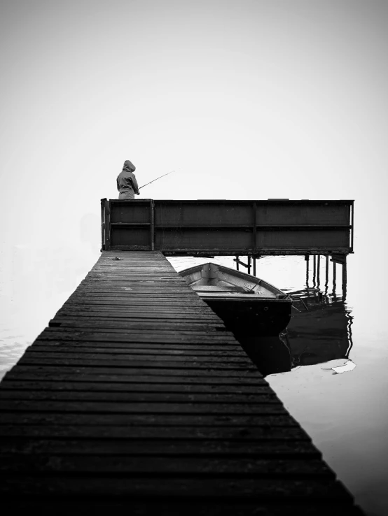 a man sitting on top of a pier next to a boat, by Ferenc Joachim, fog. by greg rutkowski, people angling at the edge, nicolas delort, a lonely woman