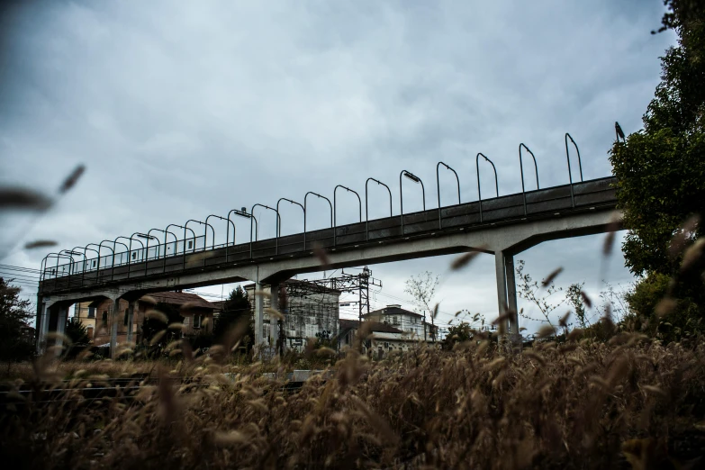 a train traveling over a bridge on a cloudy day, a portrait, inspired by Tsuchida Bakusen, unsplash, renaissance, abandoned town, 2000s photo, italy, overgrown mall