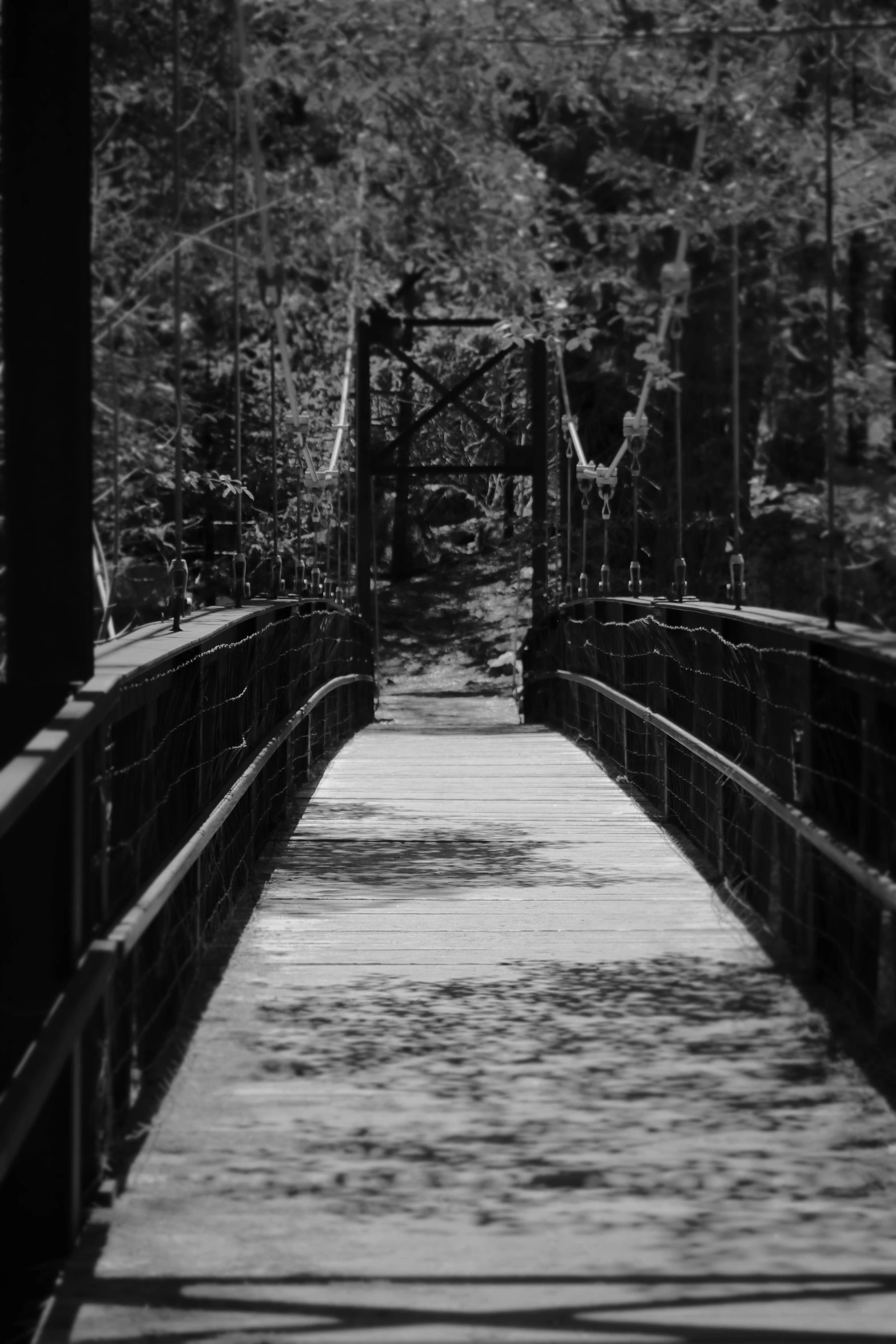 a black and white photo of a bridge, inspired by Ansel Adams, blair witch project, black! and white colors, summertime, & a dark