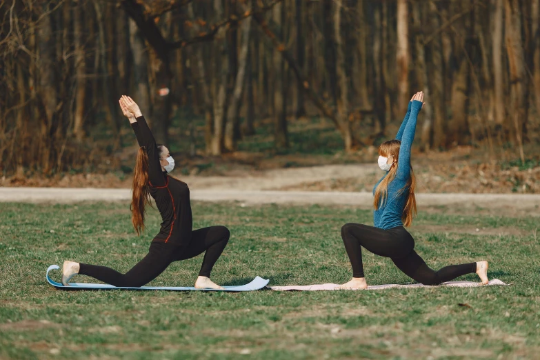 two women doing yoga in a park, a picture, by Emma Andijewska, shutterstock, renaissance, avatar image, 2263539546], full body 8k, cottagecore!! fitness body