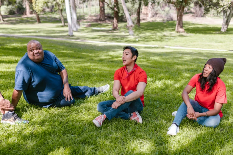 a group of people sitting on top of a lush green field, red and blue garments, dad energy, los angelos, asian male