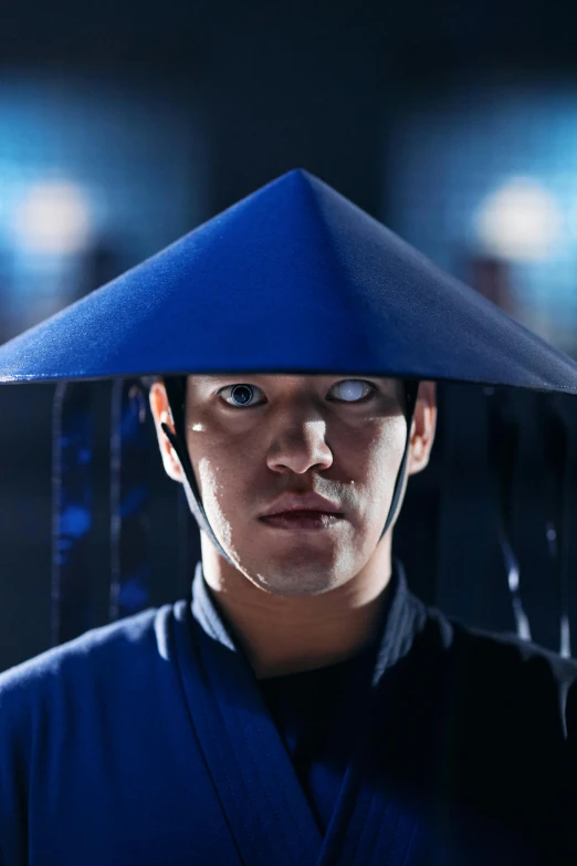 a man with a blue hat on his head, inspired by Kanō Eitoku, reddit, park shin hye as a super villain, in a dojo, yasuke 5 0 0 px models, eyes projected onto visor