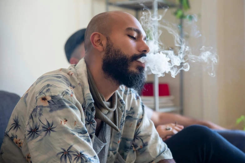 a man sitting on a couch smoking a cigarette, pexels contest winner, renaissance, smoking a bowl of hash together, beard, haze over the shoulder shot, riyahd cassiem