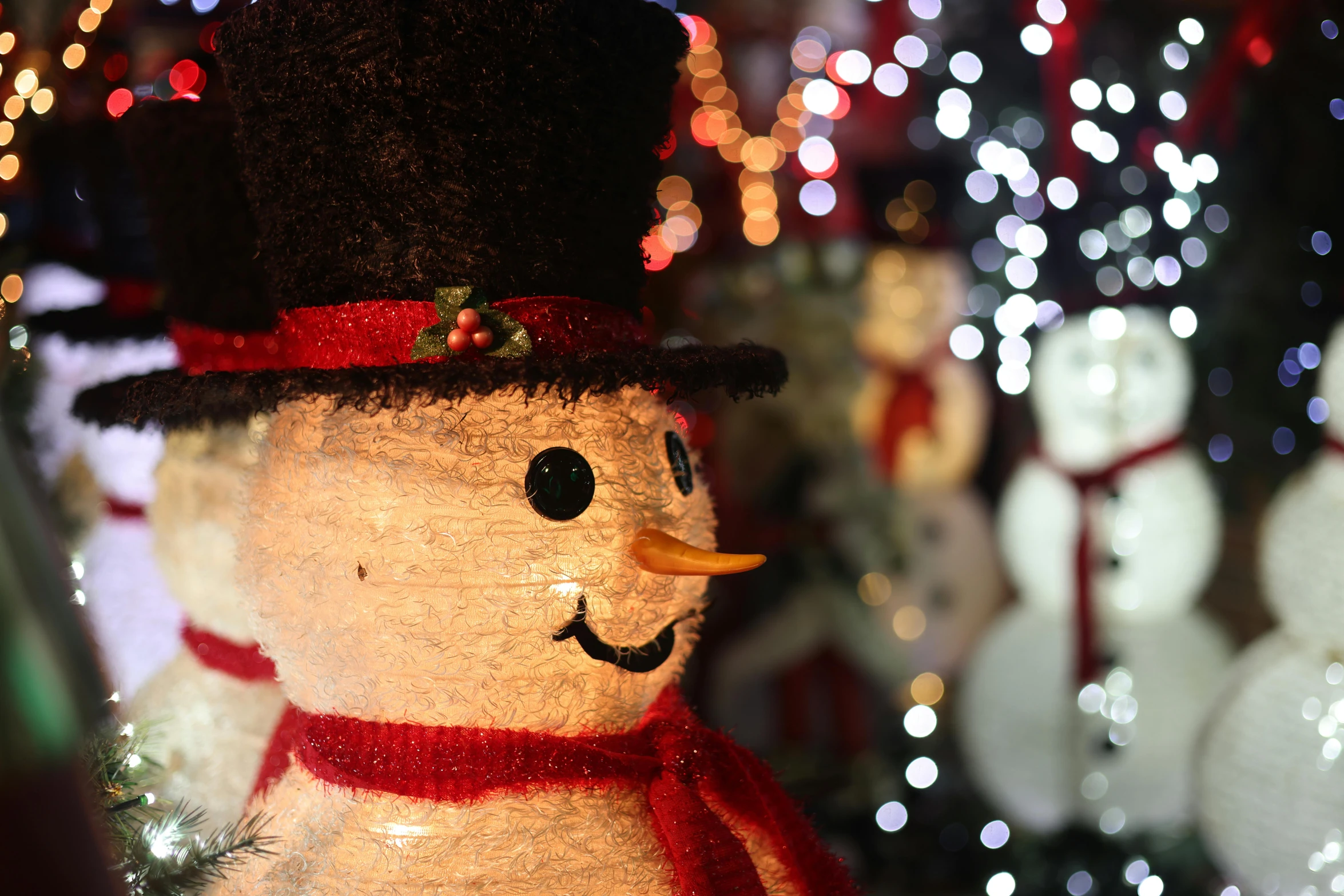 a close up of a snowman with lights in the background, by Robbie Trevino, pexels, visual art, thumbnail, ornaments, group photo, brown