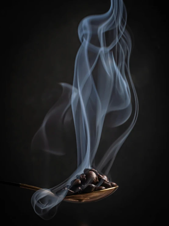 a spoon with some smoke coming out of it, by Eglon van der Neer, seeds, award winning image, s'mores, black