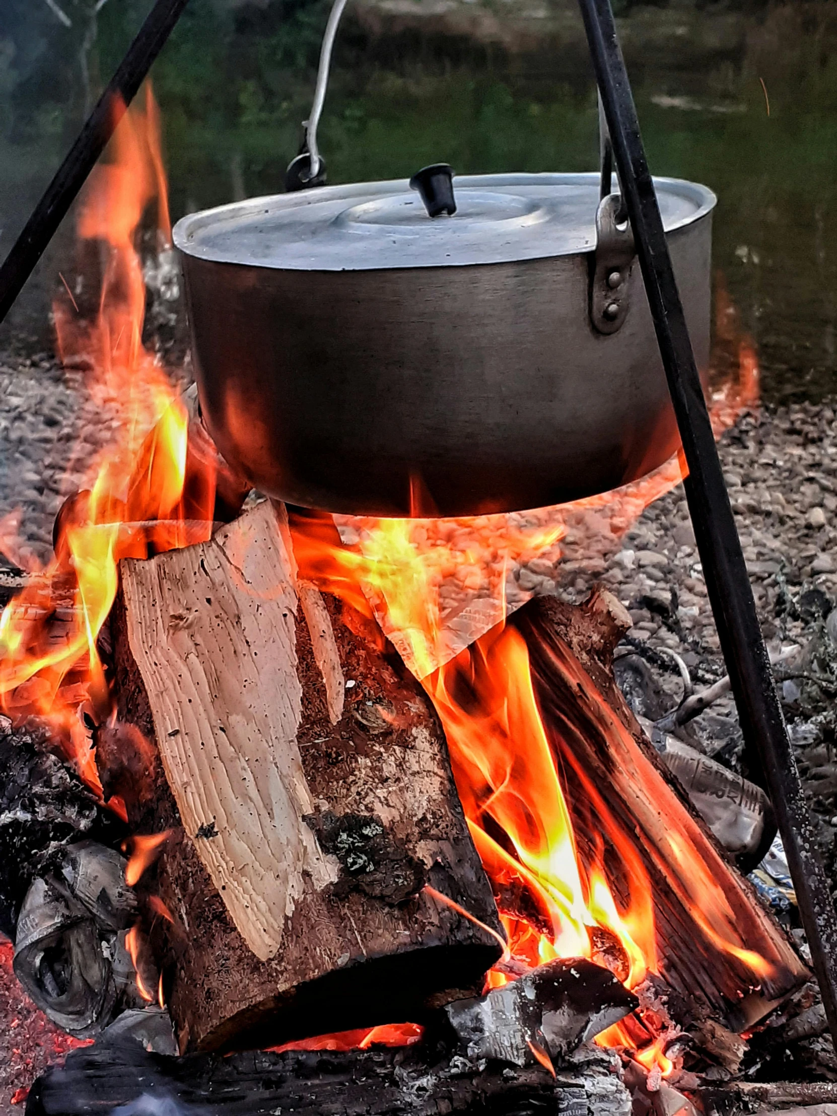 a pot that is sitting on top of a fire, thumbnail, medium height, food, profile shot