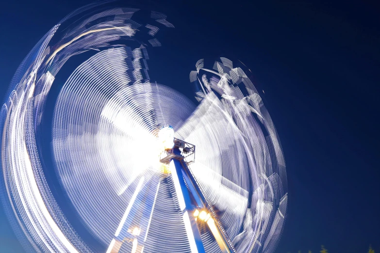 a blurry photo of a ferris wheel at night, by David Donaldson, pexels contest winner, kinetic art, shot from below, high winds, 15081959 21121991 01012000 4k, panoramic photography