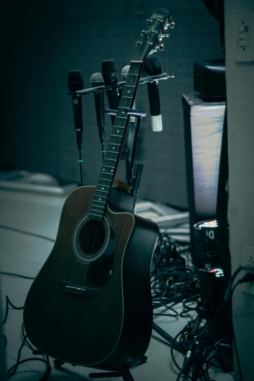a close up of a guitar on a stand, unsplash, standing microphones, digitally enhanced, high quality photo, rectangle