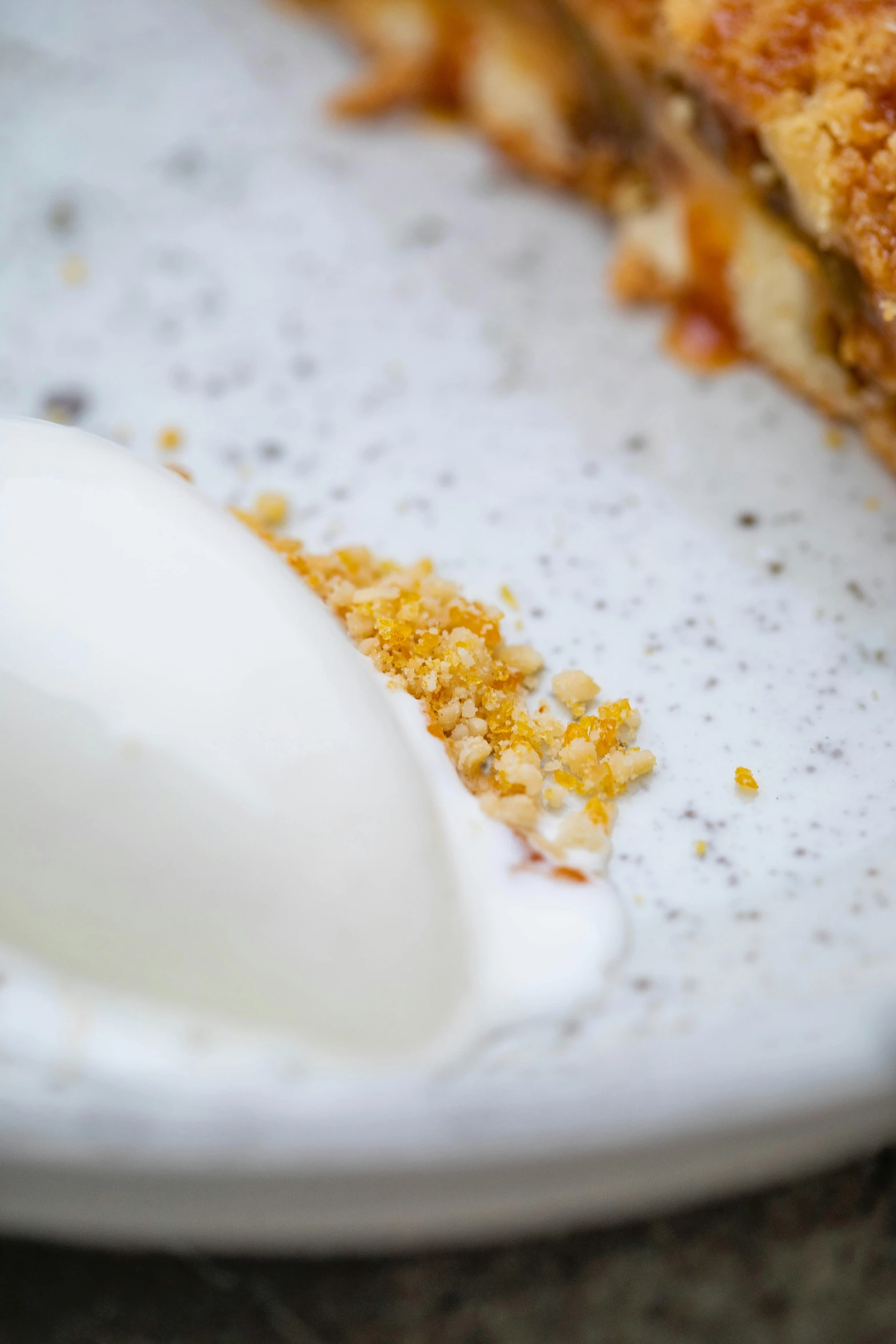 a close up of a piece of food on a plate, by Julian Allen, powdered sugar, samson pollen, amanda lilleston, ignant