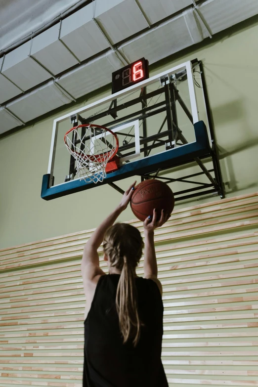 a woman standing on top of a basketball court holding a basketball, playing games, shot from behind, large)}], local gym