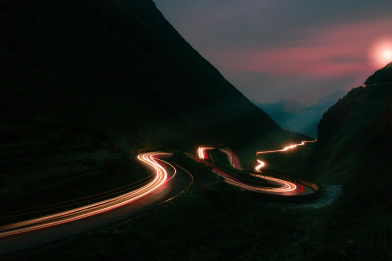 a long exposure photo of a mountain road, unsplash contest winner, visual art, car lights, broken down, curving, ilustration