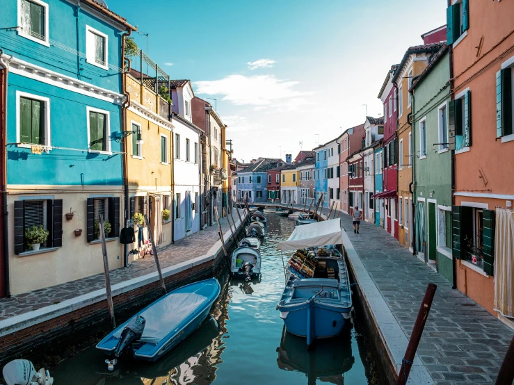 a canal filled with lots of boats next to tall buildings, by Carey Morris, pexels contest winner, colorful house, vouge italy, quaint village, slide show
