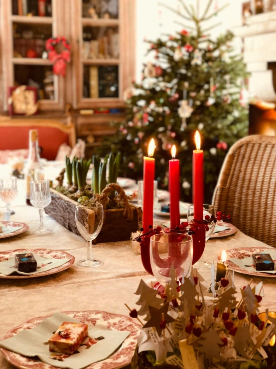 a dining room table with a christmas tree in the background, by Daniel Lieske, happening, red and brown color scheme, cosy atmoshpere, cigarrette boxes at the table, gardening