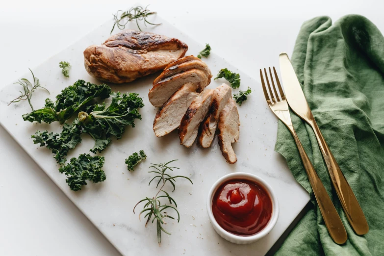 a cutting board with chicken, broccoli, and ketchup, by Carey Morris, pexels contest winner, renaissance, white background and fill, herbs, all marble, grilled chicken