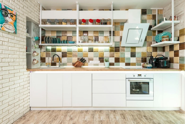 the kitchen is clean and ready for us to use, trending on unsplash, maximalism, 3 ds max + vray, patchwork-streak style, white, brown