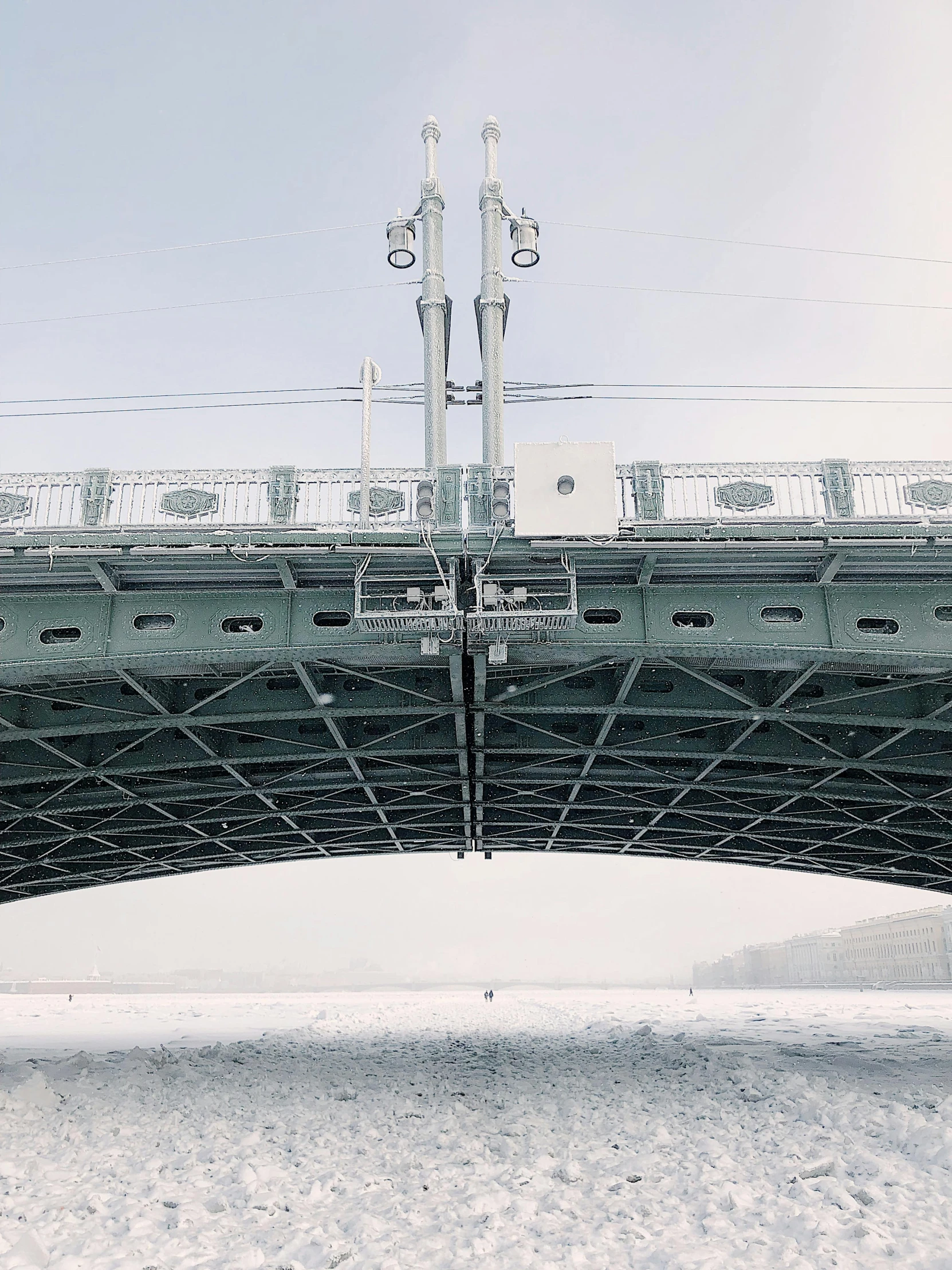 a bridge over a body of water covered in snow, in moscow centre, viewed from the ground, 🚿🗝📝, complex and desaturated