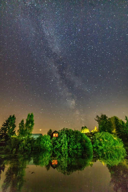 a body of water surrounded by trees under a night sky, nightime village background, ukraine. photography, 2019 trending photo, milkyway