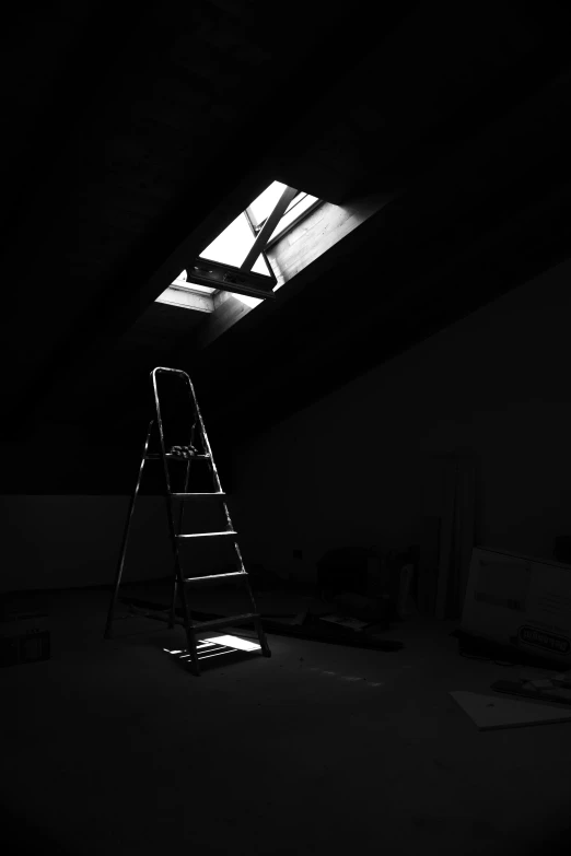 a ladder sitting in the middle of a dark room, by Altichiero, skylights, dingy lighting, silhouette :7, egor letov