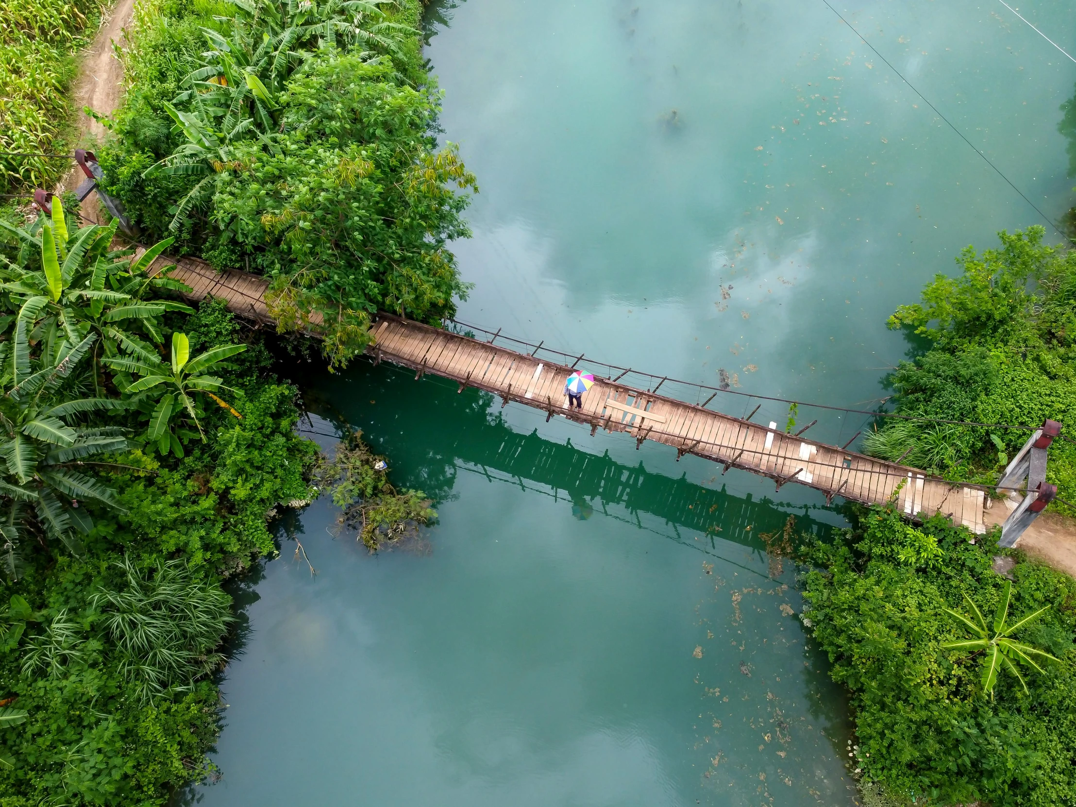 a group of people walking across a bridge over a river, by Jessie Algie, pexels contest winner, hurufiyya, tropical paradise, top down view, philippines, sitting down