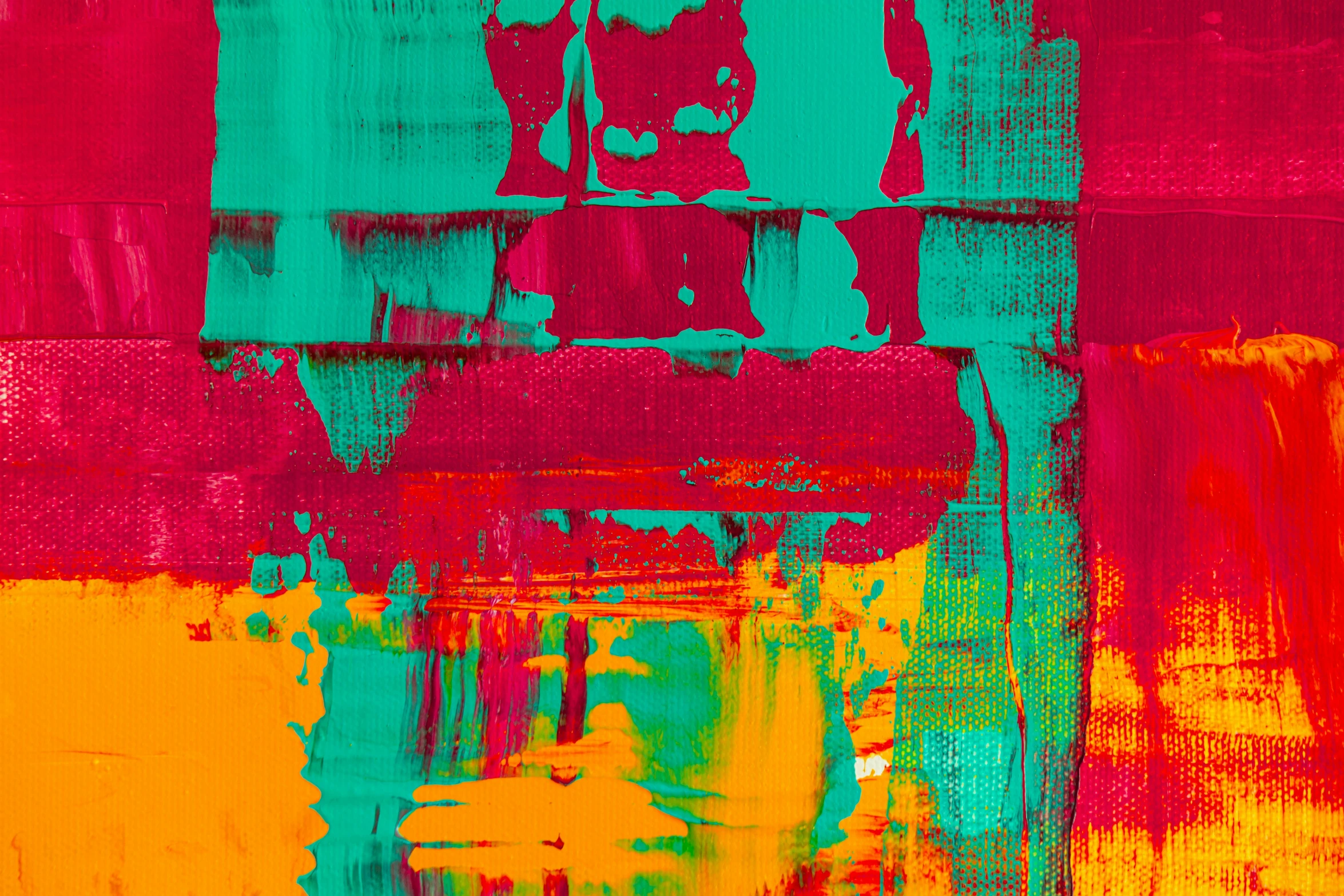 a close up of a painting on a wall, inspired by Richter, abstract art, red and teal and yellow, high resolution scan, screen print texture, green bright red