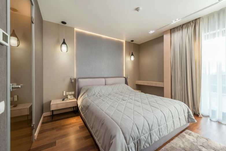 a bed sitting in a bedroom next to a window, by Adam Marczyński, pexels contest winner, luxury condo interior, taupe, led, titanium