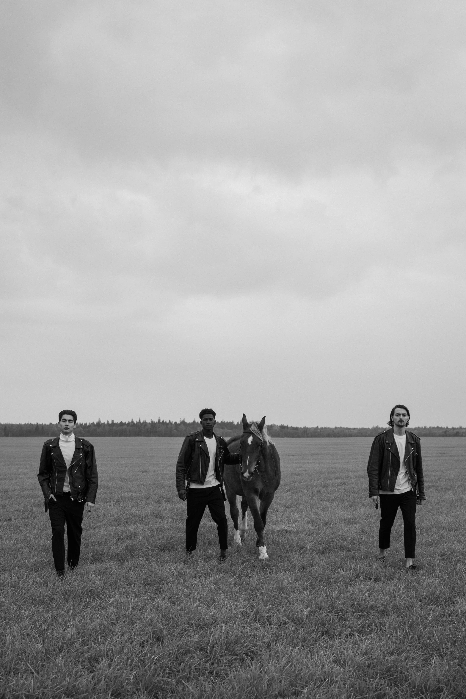 a group of people standing in a field with horses, a black and white photo, by Mathias Kollros, 3 band lineup, promo image, hurricane, yeg