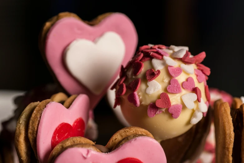 a white plate topped with cupcakes covered in pink and white frosting, by Sylvia Wishart, pexels, red hearts, s'mores, high detailed close up of, lovers