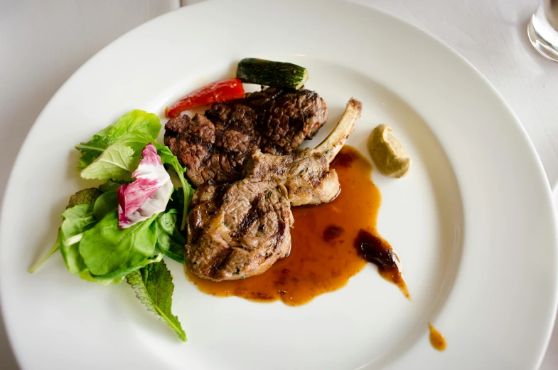 a white plate topped with meat and a salad, large horned tail, cliffside, image, bone to bone