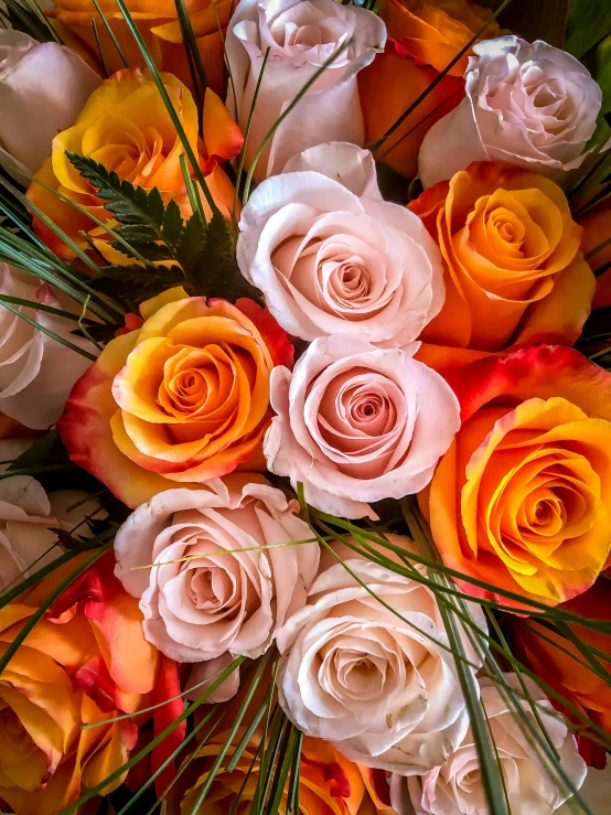 a close up of a bouquet of flowers, light red and orange mood, pastel roses, an award winning, fan favorite