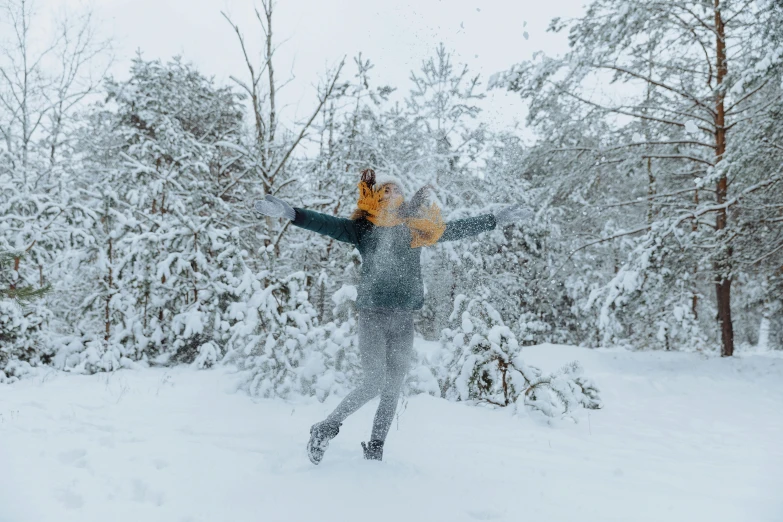 a woman standing in the snow with her arms outstretched, pexels contest winner, 🦩🪐🐞👩🏻🦳, cannon snow covered trees, avatar image, a handsome