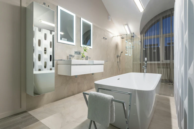 a bath room with a tub a sink and a mirror, by Konrad Witz, led, vaulted ceiling, high-quality photo, spa