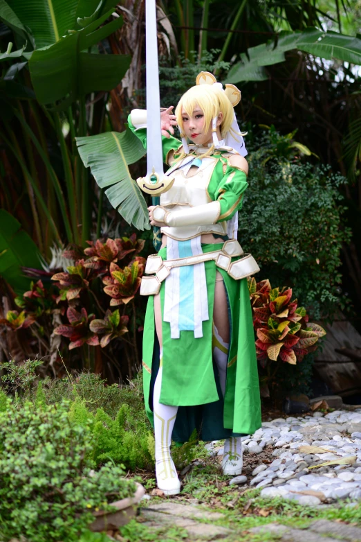 a woman in a green and white outfit holding a sword, ayaka cosplay, square, gold paladin, slide show