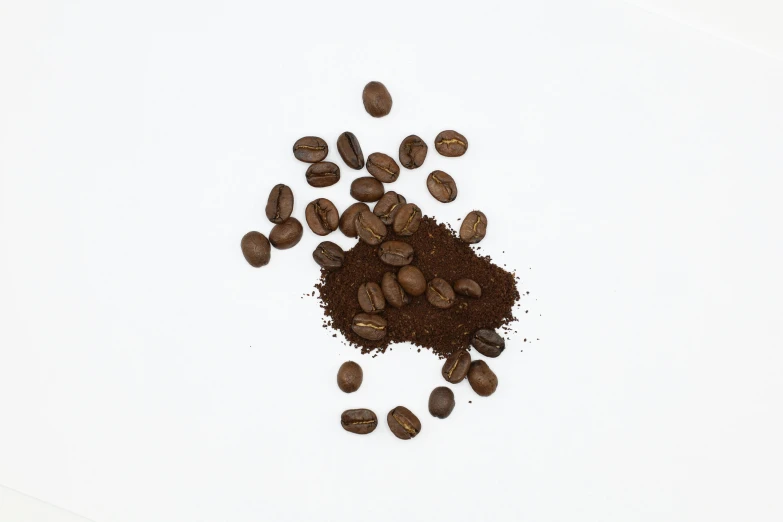 a pile of coffee beans on a white surface, unsplash, powder, detailed product image, middle shot, dirt ground