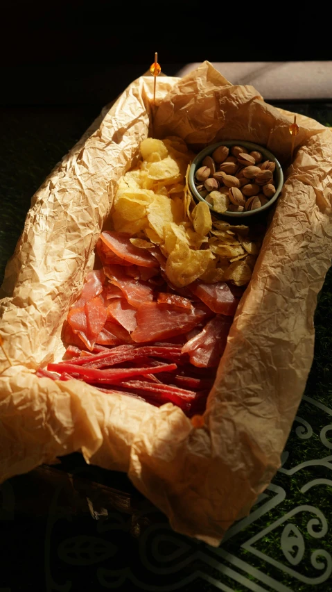 a close up of a plate of food on a table, dressed in red paper bags, inside a cavernous stomach, slide show, salami