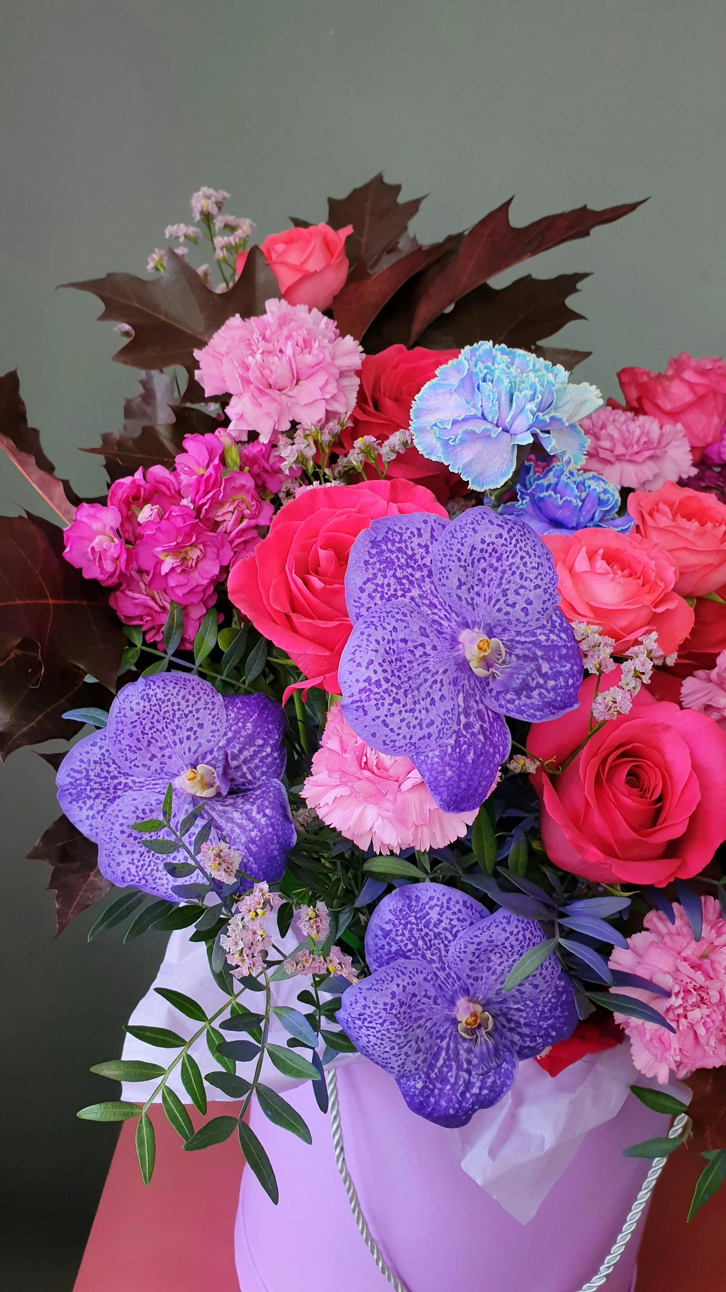 a purple vase filled with pink and purple flowers, extra detail, pink and blue colour, no cropping, award - winning